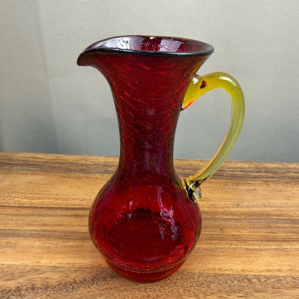 Vintage Amberina Crackle Glass 5" Pitcher Red Orange Hand Blown Mid Century